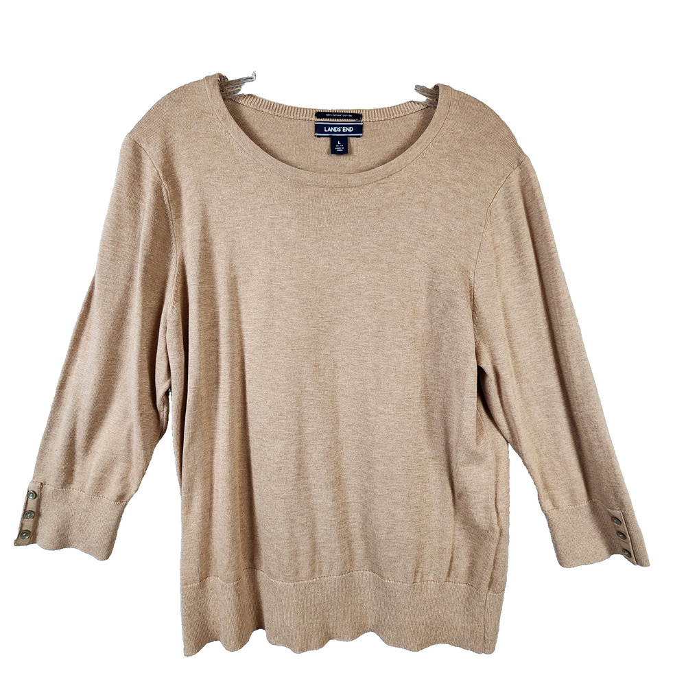 Lands’ End Women Knit Sweater Large Beige Button Cuff Long Sleeve Crewneck